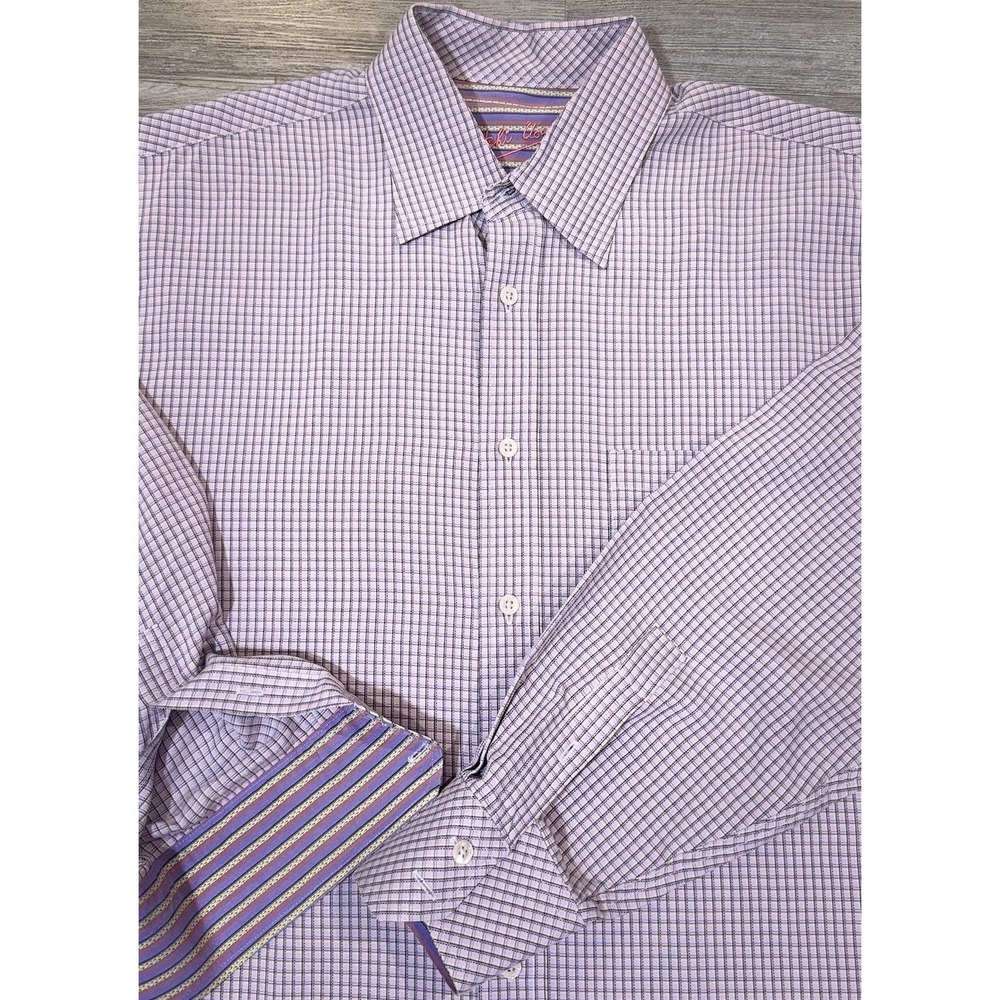Bugatchi Uomo Men's Large Purple Check Button Front Long Sleeve Dress Shirt